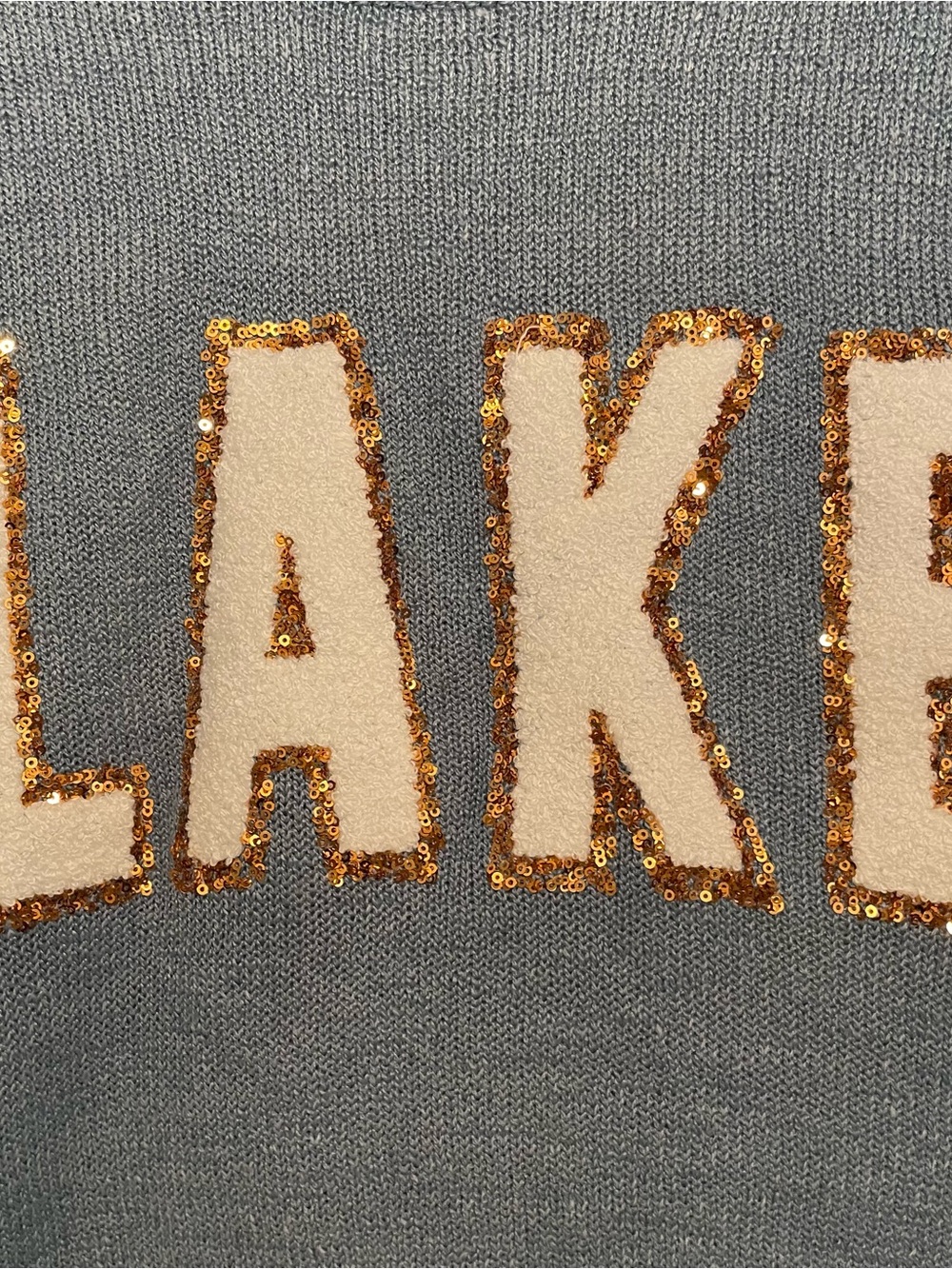 Simply Southern LAKE Blue Sweater Womens XL White Letter Patches Gold Sequins - Picture 5 of 7